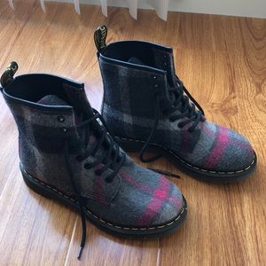 Dr. Martens Woolen Plaid Grey and Pink lace up boots